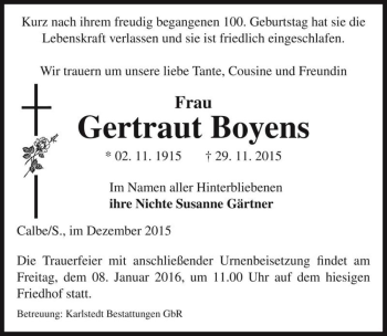 Traueranzeige von Gertraut Boyens  von Magdeburger Volksstimme
