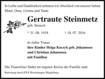 Traueranzeige von Gertraute Steinmetz (geb. Strauch)  von Magdeburger Volksstimme