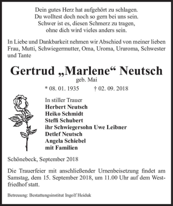 Traueranzeige von Gertrud ,,Marlene