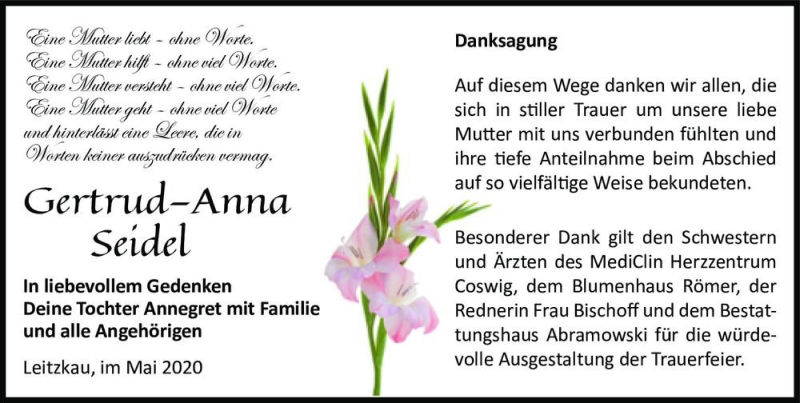  Traueranzeige für Gertrud-Anna Seidel  vom 30.05.2020 aus Magdeburger Volksstimme