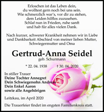 Traueranzeige von Gertrud-Anna Seidel (geb. Schurmann)  von Magdeburger Volksstimme