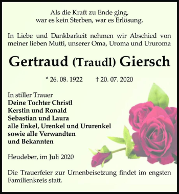 Traueranzeige von Gertrud (Traudl) Giersch  von Magdeburger Volksstimme
