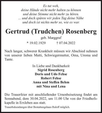 Traueranzeige von Gertrud 