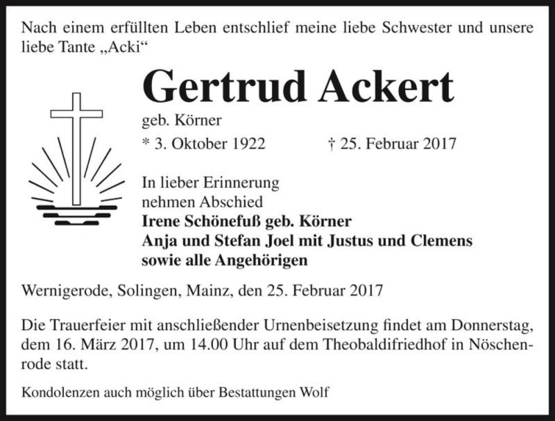  Traueranzeige für Gertrud Ackert (geb. Körner)  vom 04.03.2017 aus Magdeburger Volksstimme