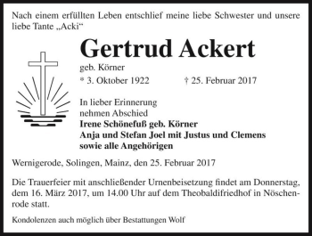 Traueranzeige von Gertrud Ackert (geb. Körner)  von Magdeburger Volksstimme