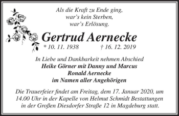 Traueranzeige von Gertrud Aernecke  von Magdeburger Volksstimme