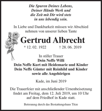 Traueranzeige von Gertrud Albrecht  von Magdeburger Volksstimme