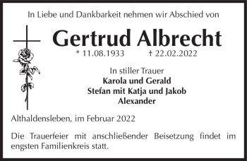 Traueranzeige von Gertrud Albrecht  von Magdeburger Volksstimme