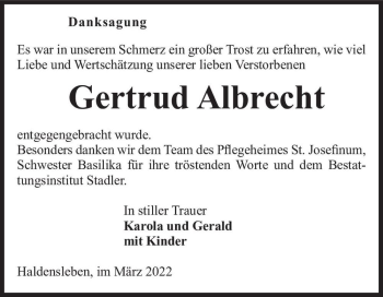 Traueranzeige von Gertrud Albrecht  von Magdeburger Volksstimme