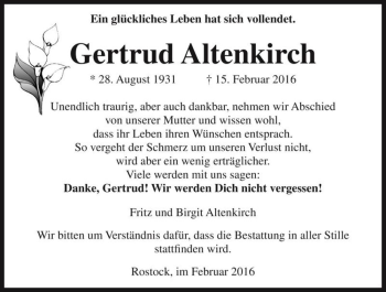 Traueranzeige von Gertrud Altenkirch  von Magdeburger Volksstimme