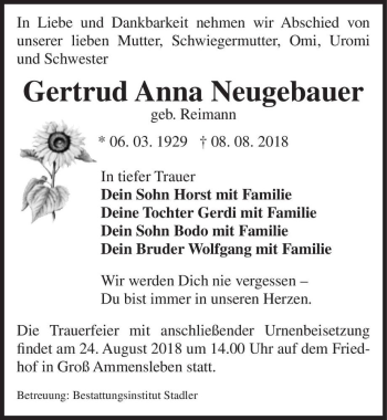 Traueranzeige von Gertrud Anna Neugebauer (geb. Reimann)  von Magdeburger Volksstimme