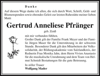 Traueranzeige von Gertrud Anneliese Pfränger (geb. Zenß)  von Magdeburger Volksstimme