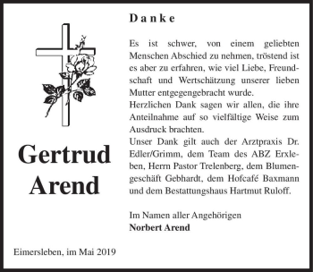Traueranzeige von Gertrud Arend  von Magdeburger Volksstimme