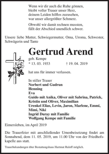 Traueranzeige von Gertrud Arend (geb. Kempe)  von Magdeburger Volksstimme