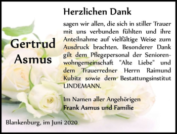 Traueranzeige von Gertrud Asmus  von Magdeburger Volksstimme