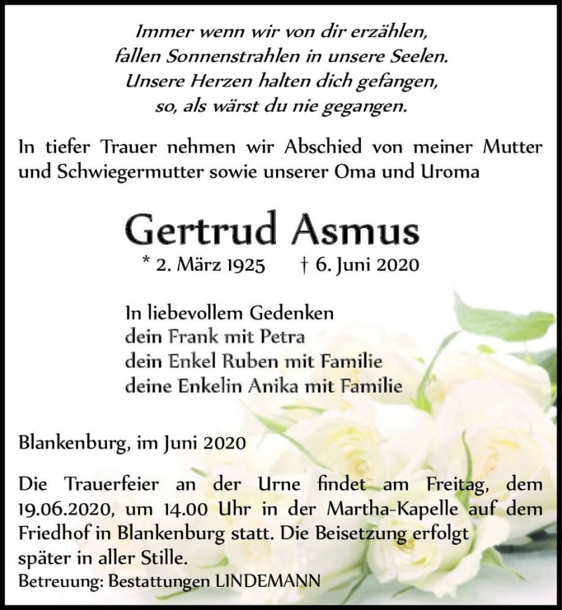  Traueranzeige für Gertrud Asmus  vom 13.06.2020 aus Magdeburger Volksstimme