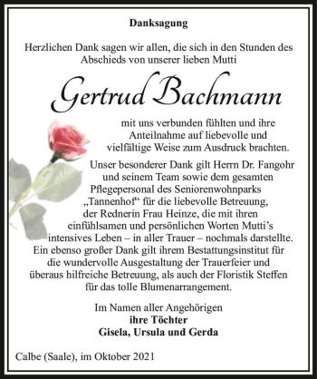 Traueranzeige von Gertrud Bachmann  von Magdeburger Volksstimme