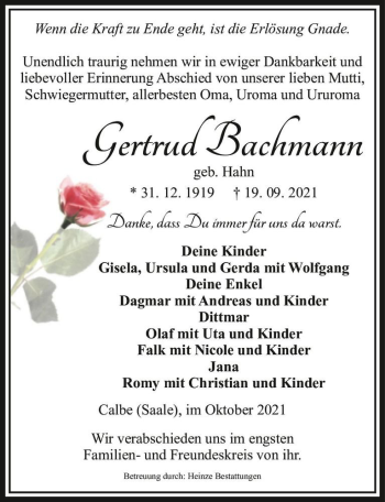 Traueranzeige von Gertrud Bachmann (geb. Hahn)  von Magdeburger Volksstimme