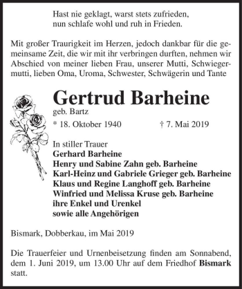 Traueranzeige von Gertrud Barheine (geb. Bartz)  von Magdeburger Volksstimme