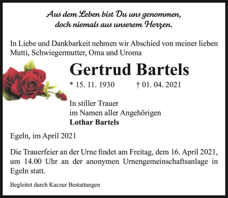  Traueranzeige für Gertrud Bartels  vom 09.04.2021 aus Magdeburger Volksstimme