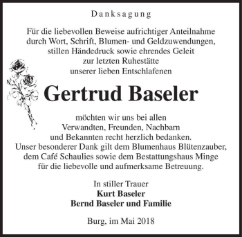 Traueranzeige von Gertrud Baseler  von Magdeburger Volksstimme