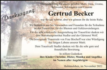 Traueranzeige von Gertrud Becker  von Magdeburger Volksstimme