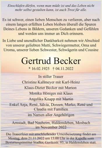 Traueranzeige von Gertrud Becker  von Magdeburger Volksstimme