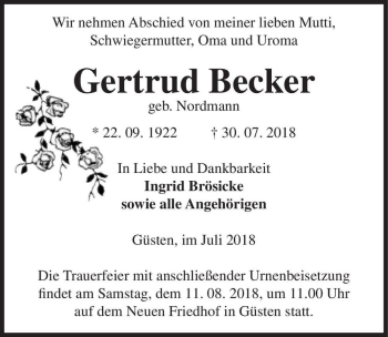 Traueranzeige von Gertrud Becker (geb. Nordmann)  von Magdeburger Volksstimme