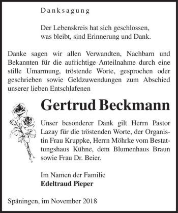 Traueranzeige von Gertrud Beckmann  von Magdeburger Volksstimme
