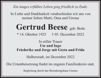 Traueranzeige von Gertrud Beese (geb. Bode)  von Magdeburger Volksstimme