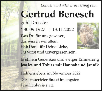 Traueranzeige von Gertrud Benesch (geb. Dressler)  von Magdeburger Volksstimme