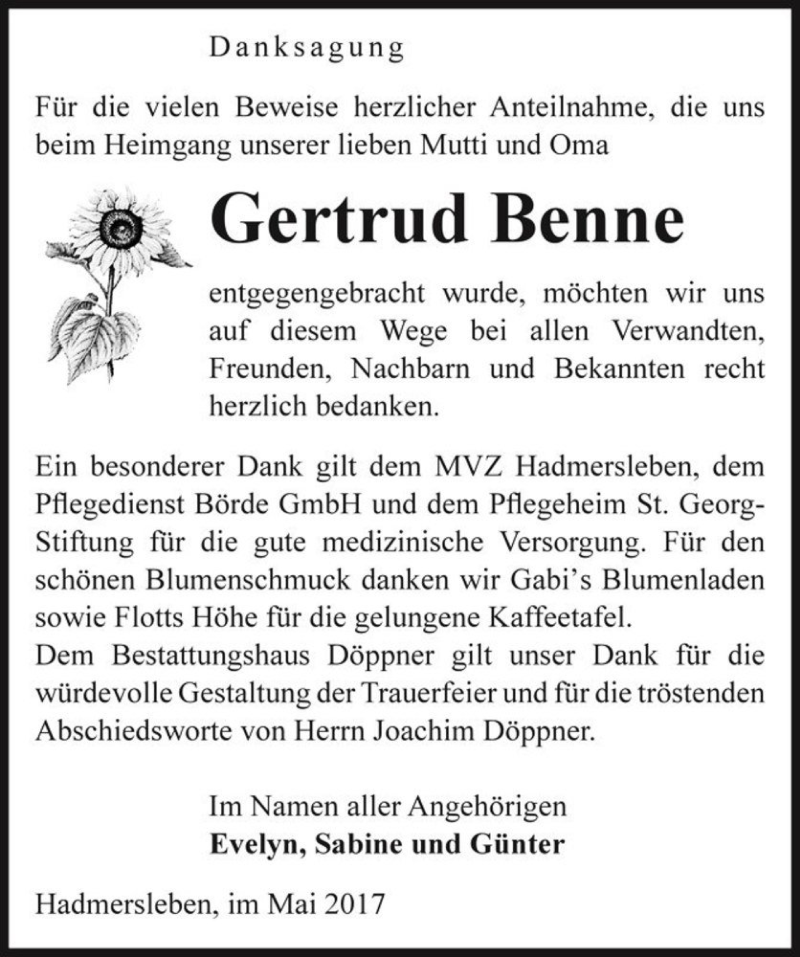  Traueranzeige für Gertrud Benne  vom 13.05.2017 aus Magdeburger Volksstimme
