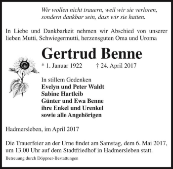 Traueranzeige von Gertrud Benne  von Magdeburger Volksstimme
