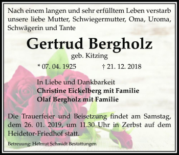 Traueranzeige von Gertrud Bergholz (geb. Kitzing)  von Magdeburger Volksstimme