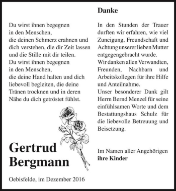 Traueranzeige von Gertrud Bergmann  von Magdeburger Volksstimme