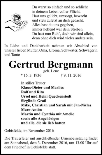Traueranzeige von Gertrud Bergmann (geb. Lenz)  von Magdeburger Volksstimme