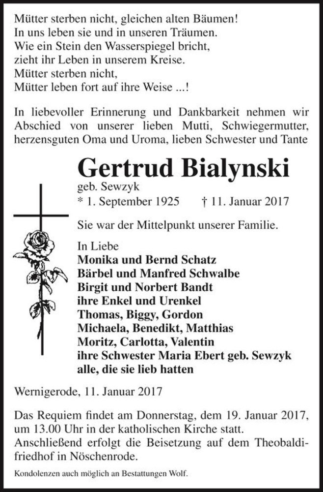  Traueranzeige für Gertrud Bialynski (geb. Sewzyk)  vom 14.01.2017 aus Magdeburger Volksstimme