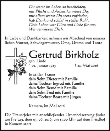 Traueranzeige von Gertrud Birkholz (geb. Linde)  von Magdeburger Volksstimme