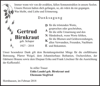 Traueranzeige von Gertrud Birnkraut (geb. Schaper)  von Magdeburger Volksstimme