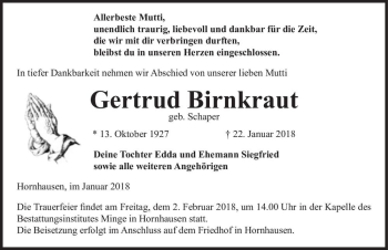 Traueranzeige von Gertrud Birnkraut (geb. Schaper)  von Magdeburger Volksstimme