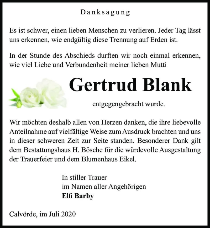  Traueranzeige für Gertrud Blank  vom 21.07.2020 aus Magdeburger Volksstimme