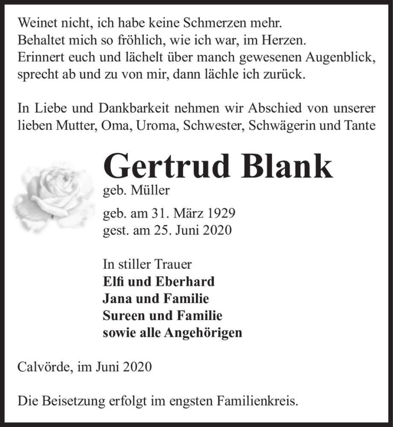  Traueranzeige für Gertrud Blank (geb. Müller)  vom 30.06.2020 aus Magdeburger Volksstimme