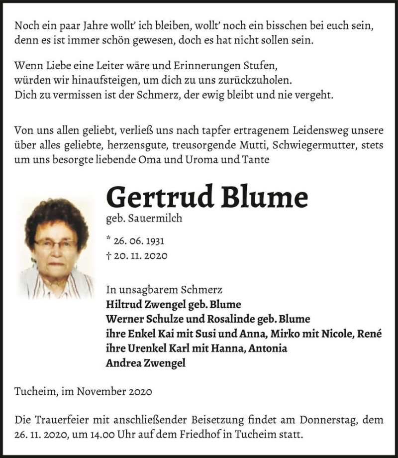  Traueranzeige für Gertrud Blume (geb. Sauermilch)  vom 25.11.2020 aus Magdeburger Volksstimme