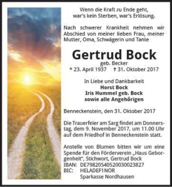 Traueranzeige von Gertrud Bock (geb. Becker)  von Magdeburger Volksstimme