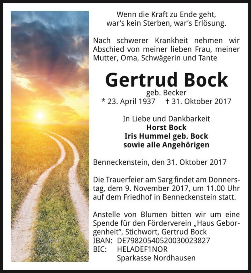  Traueranzeige für Gertrud Bock (geb. Becker)  vom 07.11.2017 aus Magdeburger Volksstimme
