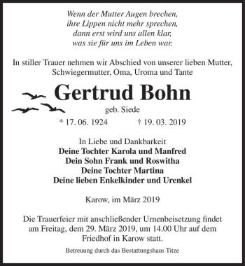 Traueranzeige von Gertrud Bohn (geb. Siede)  von Magdeburger Volksstimme