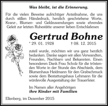 Traueranzeige von Gertrud Bohne  von Magdeburger Volksstimme