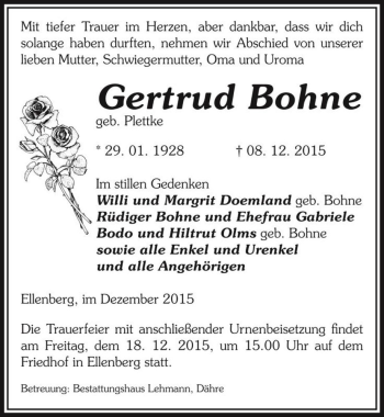 Traueranzeige von Gertrud Bohne (geb. Plettke)  von Magdeburger Volksstimme