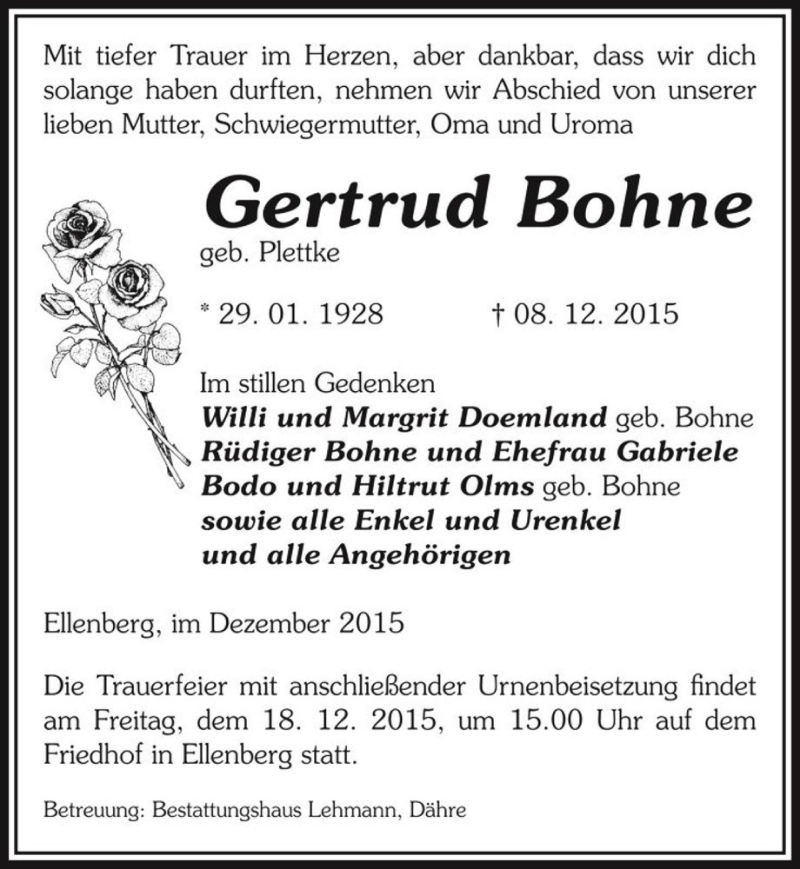  Traueranzeige für Gertrud Bohne (geb. Plettke)  vom 10.12.2015 aus Magdeburger Volksstimme