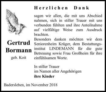Traueranzeige von Gertrud Bohrmann (geb. Koit)  von Magdeburger Volksstimme